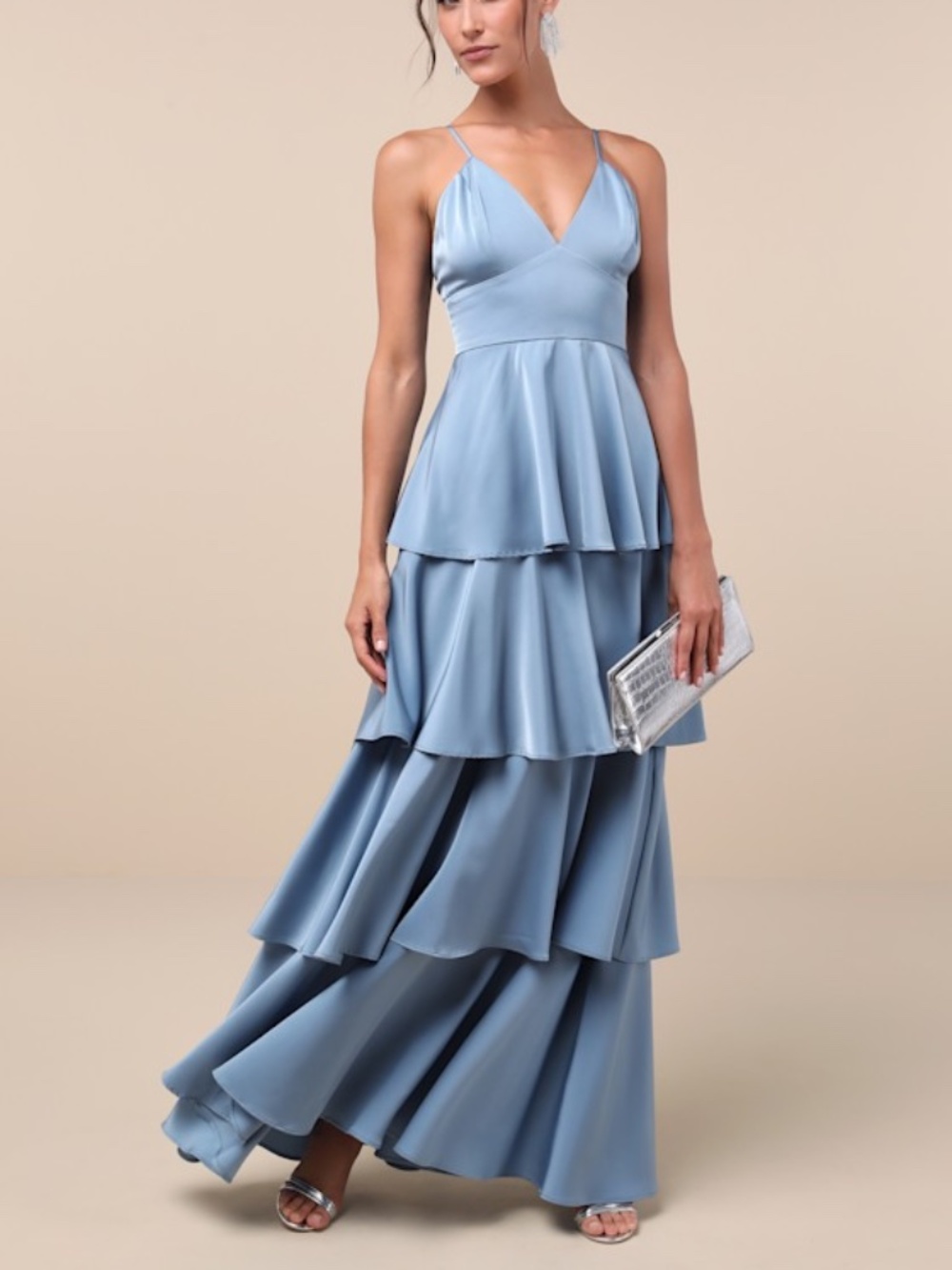 Lulus Going With Elegance Slate Blue Satin Tiered Gown - Size M